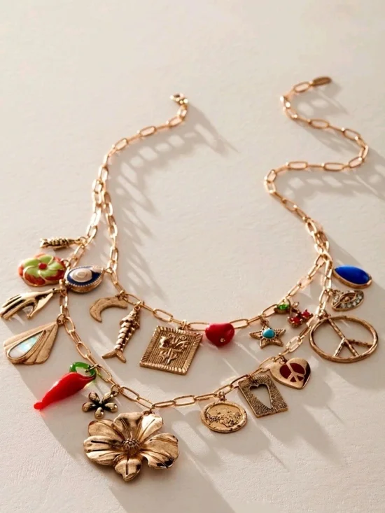 Free People Maxamillion Charm Necklace Gold Tone Flower Power - Picture 2 of 10